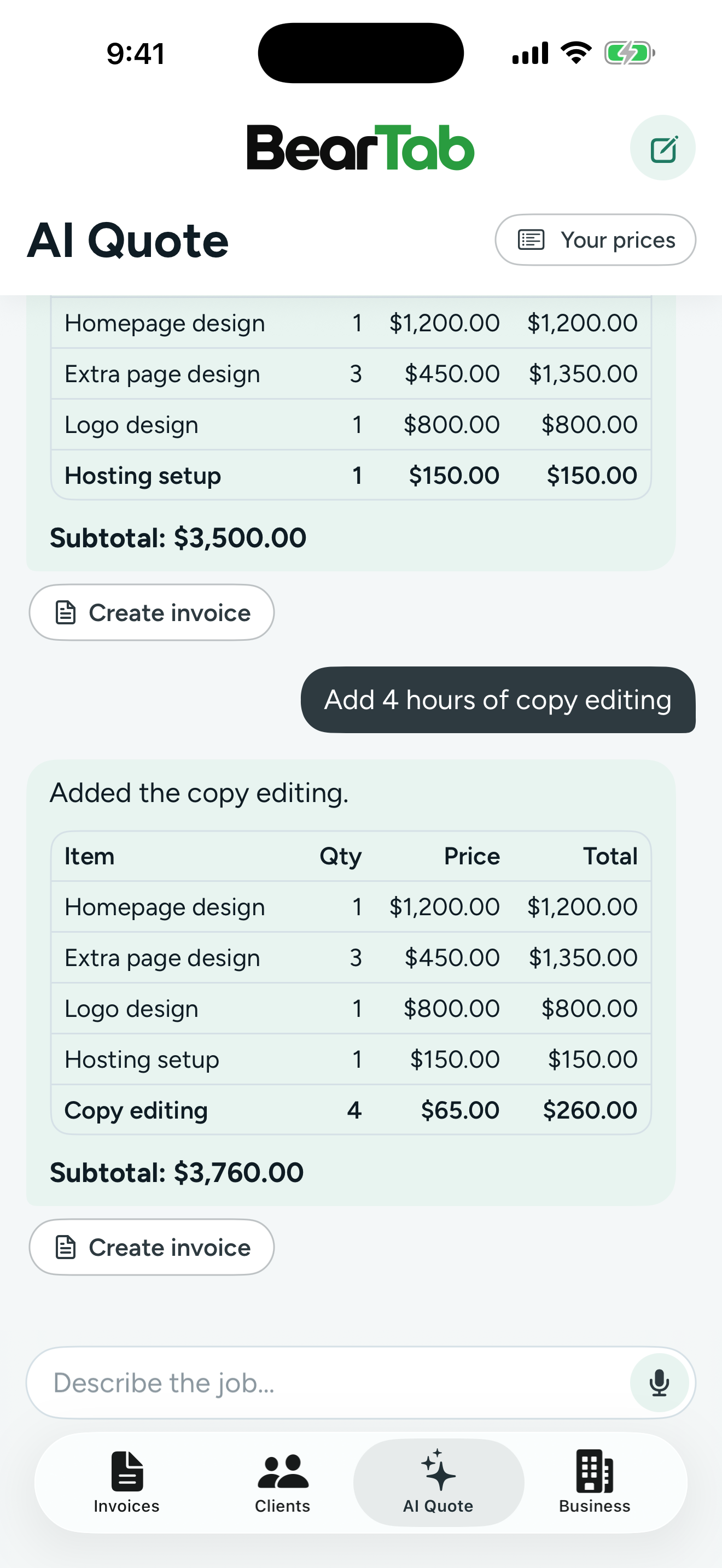BearTab's AI Quote chat pricing a website job line by line