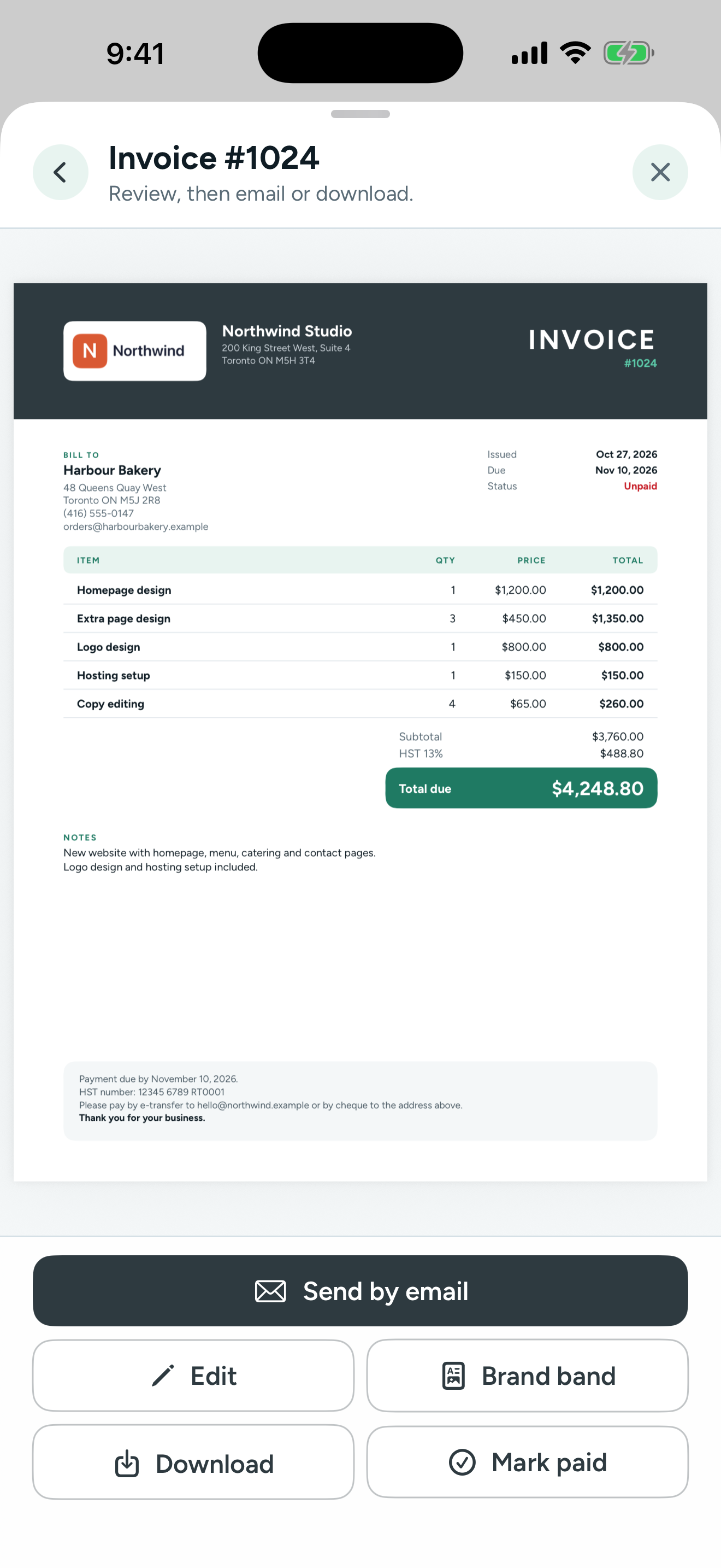 An invoice in BearTab with a slate header band and a green total