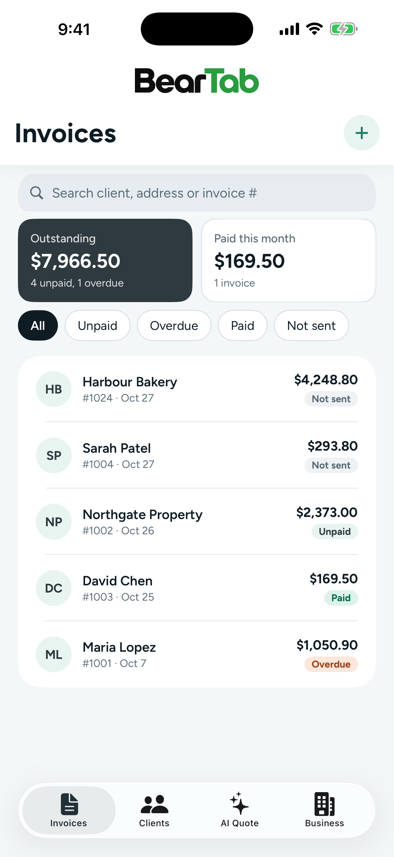 The BearTab invoice list with outstanding and paid totals